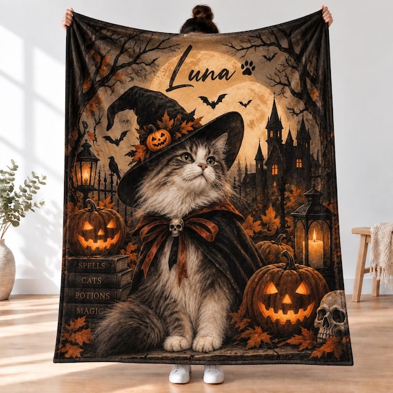 Personalized Halloween Pet Blanket | Custom Dog or Cat Portrait with Name, 8 Spooky Designs (Minky Fleece)