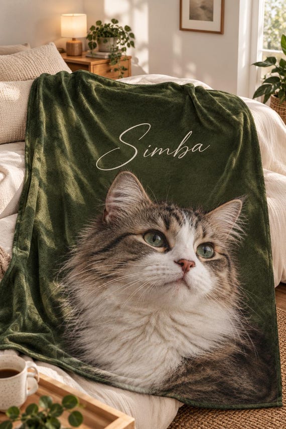 Cat Memorial Blanket with Photo and Name, Custom Pet Loss Keepsake Throw