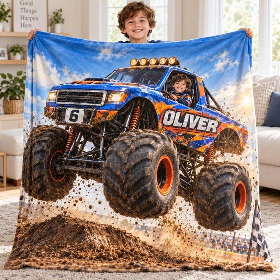 Monster Truck Photo Blanket with Name, Personalized Kids Blanket, Custom Toddler Gift, Christmas Gift for Boys