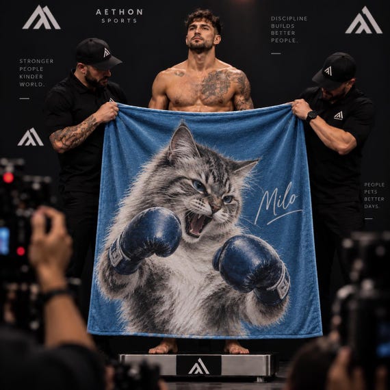 Boxing Cat Blanket with Name, Custom Champion Pet Portrait Minky Throw