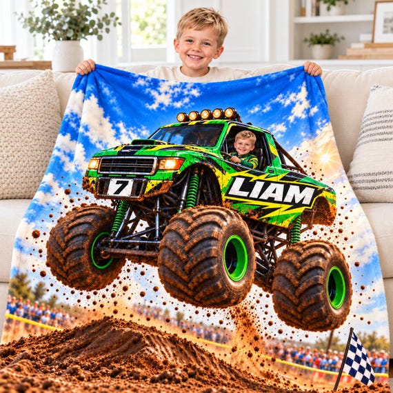 Monster Truck Blanket for Boys, Personalized Photo Blanket with Name, Custom Kids Throw, Birthday Gift for Toddler