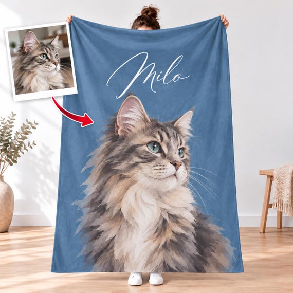 Personalized Cat Blanket with Photo and Name | Custom Minky Fleece Keepsake Throw