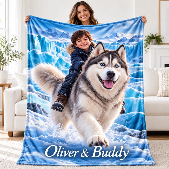 Personalized Child and Pet Blanket, Custom Photo Adventure Blanket with Name