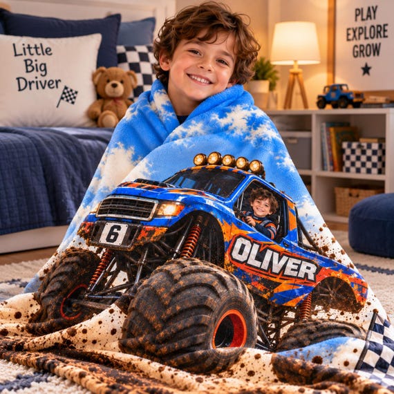 Personalized Monster Truck Blanket for Kids, Custom Photo and Name