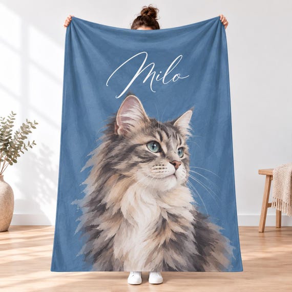 Personalized Cat Blanket with Photo and Name | Custom Minky Fleece Keepsake Throw