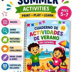 Puede incluir: Un libro de actividades con encuadernación en espiral titulado Spanish Summer Activities con una ilustración de portada de dos niños en una playa. La portada incluye texto como "Cuaderno de Actividades de Verano en Español", "Print, Play, Learn" y "Ages 5-7" con gráficos coloridos de un sol, un castillo de arena y artículos de playa.