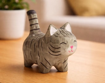 Handgemaakt houtsnijwerk kitten - klein houten kattenornament - creatief desktop dierbeeldje - ambachtelijke kattenkunst - minimalistisch cadeau huisdierliefhebber