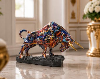 Elegant bronsstaty för tjur - Färgglad Wall Street-inspirerad konst - Mångsidig resinskulptur för hem och kontor - Modern framgångsdekor för skrivbordet