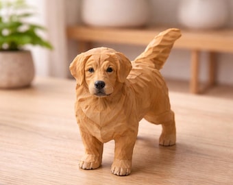 天然木製手作り犬の置物 - ゴールデンレトリバーの彫刻 - リビングルームやデスクトップ用の装飾動物像 - 犬好きへの贈り物