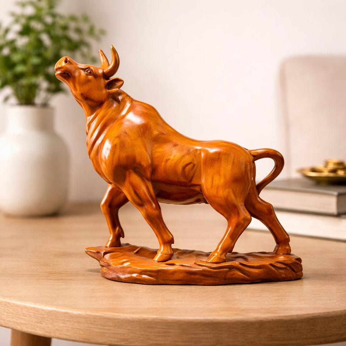 Oxgift Hand Carved Red Sandalwood Bull Statue - Wooden Zodiac Ox Figurine ...