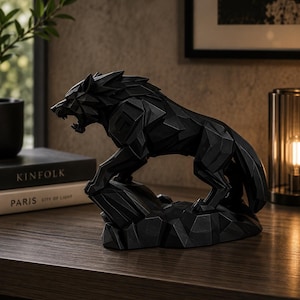 Op de afbeelding: Een zwarte geometrische wolf sculptuur in een dynamische pose, geplaatst op een rotsachtige basis. De sculptuur heeft een facetontwerp, waardoor het een moderne, hoekige uitstraling heeft. De wolf gromt, wat een vleugje felheid aan het decor toevoegt. Dit decoratieve stuk is ideaal voor thuis of op kantoor.