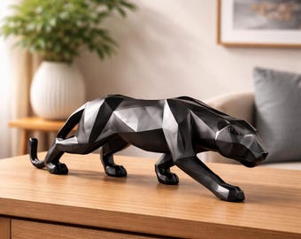 Geometrisk panterstaty - Modern abstrakt leopardskulptur - Djurfigur i svart hartsorigami - Minimalistisk hemmakontors- och skrivbordsinredning
