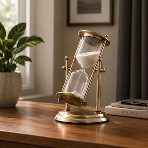 May include: A brass hourglass with clear glass chambers and white sand. The hourglass is set on a brass stand and is tilted at an angle. The base is round and the frame is detailed. The hourglass is on a wooden surface.