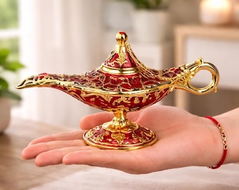 Vintage Aladdin magisk lampa - Stor retro metall ande önskeljusfigur - Antik guldskulptur för mystisk hem- och kontorsdekoration