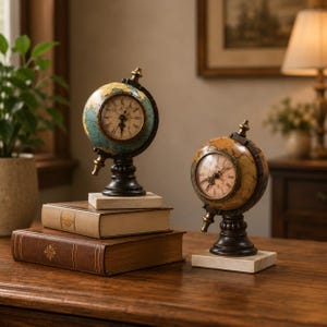 May include: Two antique globe clocks with a vintage world map design. The clocks have a round face with Roman numerals and are set on decorative stands. One clock is on a stack of books.