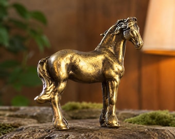 Antik mässing långsvansad hästfigur - massiv koppar zodiakdjur mini - Feng Shui framgångsprydnad - skrivbordsdekoration miniatyrhantverk