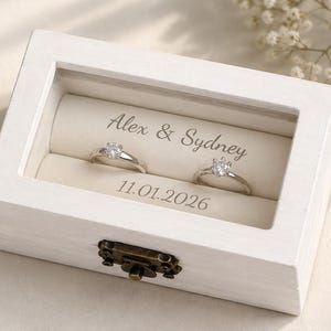 Personalized Wooden Ring Box, Custom Names Date, Wedding Ring Holder (Ivory Finish)