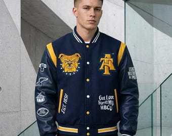 Giacca Varsity HBCU Aggie Pride Bulldog Bomber Navy Gold Regalo Unisex Personalizzato Abbigliamento Streetwear College