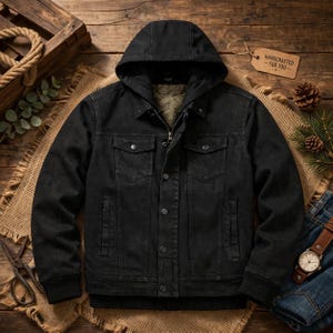 メンズ ブラック デニム バイカージャケット 3in1 フード付きベスト 袖取り外し可能 モーターサイクル ストリートウェア ギフト