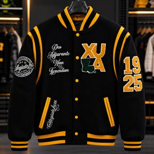 Chaqueta universitaria negra y amarilla de la Universidad de Xavier / Chaqueta bomber universitaria con parche de chenilla personalizado