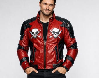 Rood-zwart echt lederen herenjack in komische stijl – Anti-Hero Biker Design