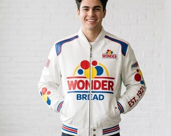 Ricky Bobby Wonder Bread wit jack Talladega Nights, Will Ferrell racejack, Wonder Bread NASCAR-jack, wit leren racejack