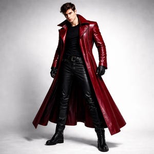 May include: A long, burgundy leather coat with a wide collar. The coat is worn over a black shirt and black leather pants. The person is also wearing black gloves and boots.