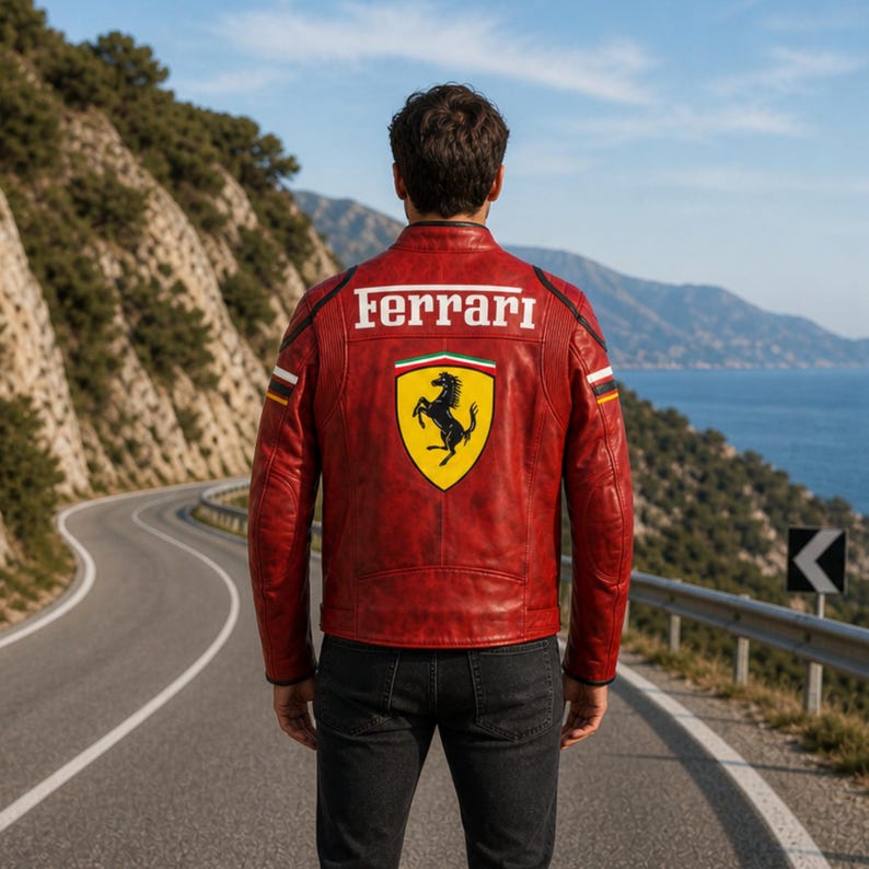 K&ouml;nnte beinhalten: Rote Lederjacke mit dem Ferrari-Logo auf dem R&uuml;cken. Die Jacke hat ein gelbes Schild mit einem schwarzen Pferd und dem Wort "Ferrari" in Wei&szlig;. Die Jacke wird von einer Person auf einer Stra&szlig;e mit malerischem Hintergrund getragen.