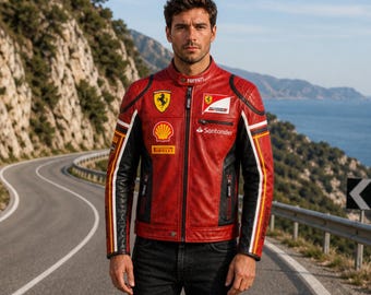 Leren Ferrari F1-jack heren, Scuderia Ferrari-racejack, rood motorsportjack, leren Ferrari-bikerjack, F1-racejack