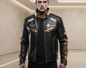 Männer Schwarz Gold Lederjacke Echte Lederjacke Herren Cyberpunk Techwear Futuristische Lederjacke