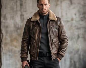 Bruine leren bomberjas voor heren met shearlingkraag, pilotenjas met een verweerde look, militaire leren jas, bomberjack voor heren, cadeau voor hem