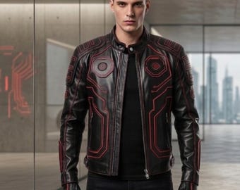 Zwarte leren jas heren Cyberpunkjas Tron-stijl jas futuristische techwear leren jas Heren