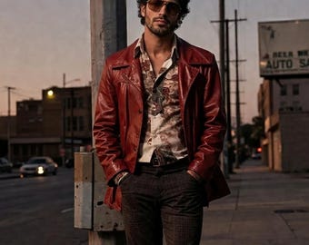 Op Fight Club geïnspireerd leren jack heren, rood leren jack in Tyler-stijl, vintage leren blazer jaren 90, retro jack in Brad Pitt-stijl