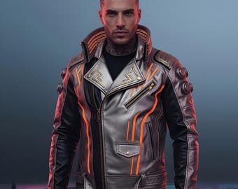 Cyberpunk Lederjacke Herren Futuristische Bikerjacke Schwarze Techwear Jacke Lederjacke im Gaming Style