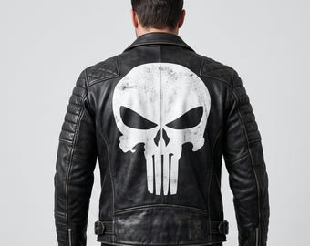 Leren motorjack met doodskopmotief voor heren, zwart, distressed model, Vigilante doodskopprint op de achterkant, donker leren jack voor heren, cadeau voor hem