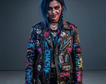 Arcane Jinx Lederjacke Frauen, League of Legends Jinx Jacke, Get Jinxed Punkjacke, Cyberpunk Cosplay Jacke