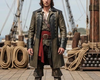 Tweekleurige leren piratenjas heren echt leren trenchcoat Vintage boekanierjack Gothic lange jas Captain-outfit