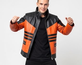 Leren jas heren oranje zwarte jas cosplay leren jas ninja-stijl bikerjack Heren