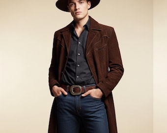 Bruine suède leren jas Westerncowboyjas Echt leren lange jas Vintage westernleren herenjas