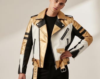 Goudzwart leren jack Luxe bikerjack Designer-stijl jas Statement Fashion Streetwear-jas