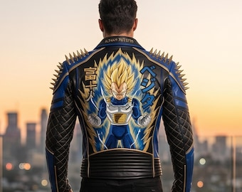 Anime bikerjack heren blauw zwart - Leren motorjack Super Saiyan Gold Spikes Chevron Panel & DBZ-personage Achterkant Art Saiyan Society