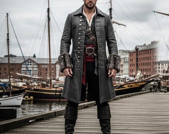Zwarte piratenjas van verweerd leer | Trenchcoat van echt leer heren | Vintage boekanierjack | Gotische lange jas | Jas met bontkraag