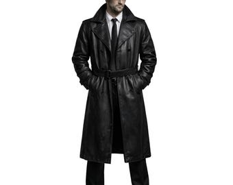 Zwarte leren trenchcoat voor heren Detective Noir-jas lange leren jas echtleren herenjas
