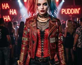Rode leren jas Harley Quinn, Suicide Squad-jas dames, Property of Joker-jas, Harley Quinn-cosplaykostuum