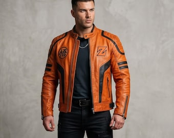 Goku Orange Lederjacke Dragon Ball Z, Saiyajin Krieger Jacke Männer, Anime Cosplay Lederjacke, DBZ Bikerjacke