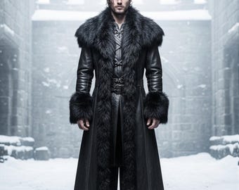 Jon Schnee Stil Pelz Leder Trenchcoat Winter Krieger Mantel Dark Fantasy Gothic Langer Mantel Mittelalter Cosplay Jacke