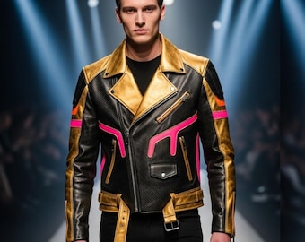 Goudzwart leren herenjack in designerstijl bikerjack Luxe modieuze leren jas statement leren jack