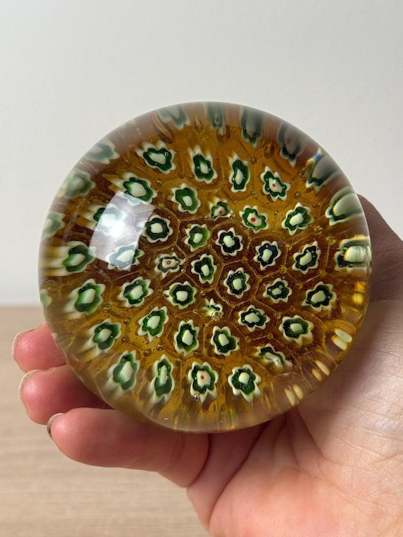 Vintage Millefiori Glass Paperweight Amber Green White Floral Art Glass