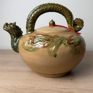 Vintage Chinese Dragon Teapot, Handcrafted Stoneware Tea Pot, Green Relief Asian Decor
