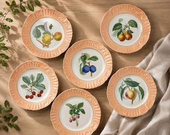 Juego de platos de postre vintage Mottahedeh para frutas de verano, porcelana Vista Alegre, borde festoneado color melocotón.